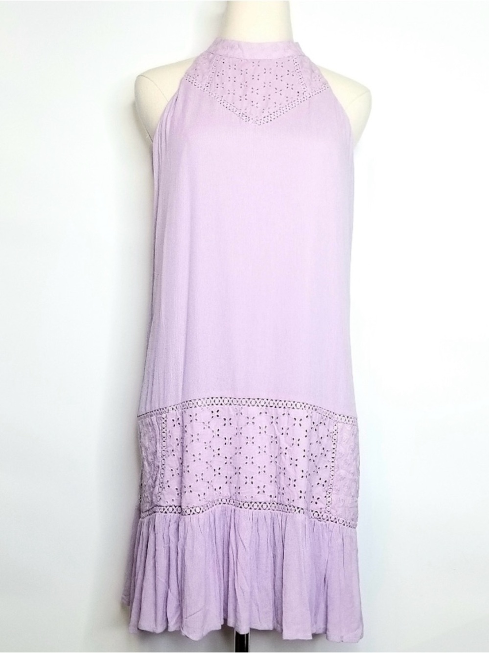 Francesca's Collections Lilac Halter Eyelet Midi Dress